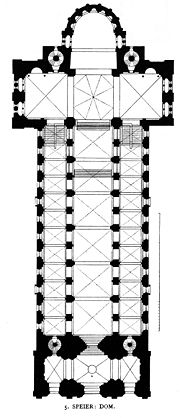 Dom Speyer II; im Bild oberhalb der Vierungskuppel (Klostergewölbe) die Tonnenwölbung zwischen den beiden Türmen [wiki: Speyerer Dom]