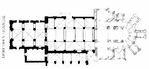 Tournus, St-Philibert: Links die Vorkirche mit Kreuzgratgewölben über dem Mittelschiff (bis 1040); in der Mitte die Hauptkirche mit fünf quergestellten Tonnen auf Schwibbögen (1070; rechts der Chor des 12. Jh. [archinform]