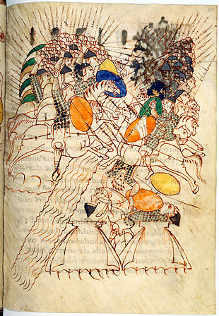 Leidener Makkabäer-Psalter, frühes 10. Jh. [wiki]. Links ein Berittener mit Steigbügel, rechts unterlegener Reiter ohne Steigbügel