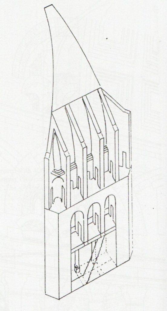 Abb. 3: Die innere Wandkonstruktion [Shenfield, 412 Figure 34Ab]: „Cutaway sectioned, isometric drawing illustrating the integral buttressing at attico level of the walls of the Florentine Baptistery. Achieved by the gradual thickening upwards of the two-layered walls to contain outward and downward thrust from the weight of the cupola. Construction perhaps influenced by the Pantheon in Rome (Horn 1938, 119)“
